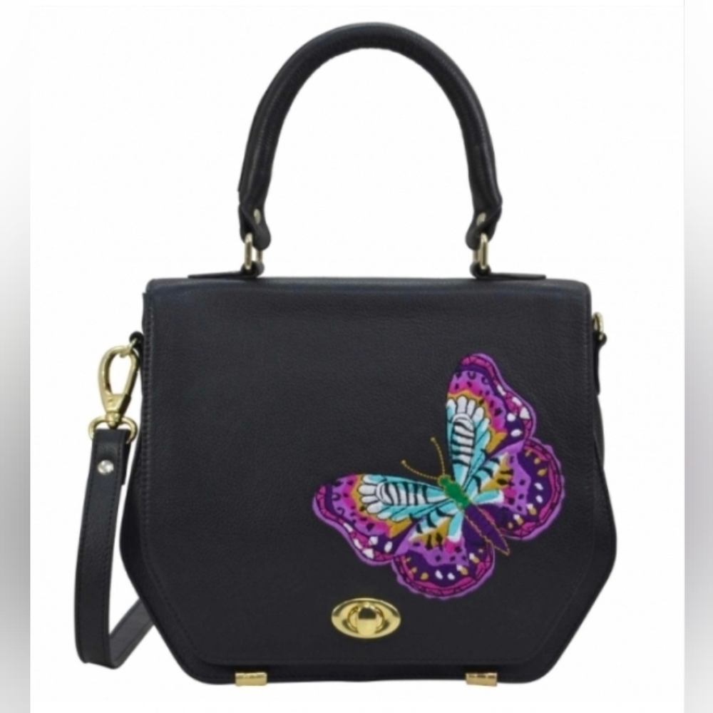 Anuschka Embroidered Flap Leather Satchel-Magical Wings Black-NEW $269 MSRP